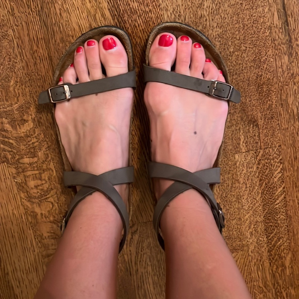 Birkenstocks- brown with the ankle strap!